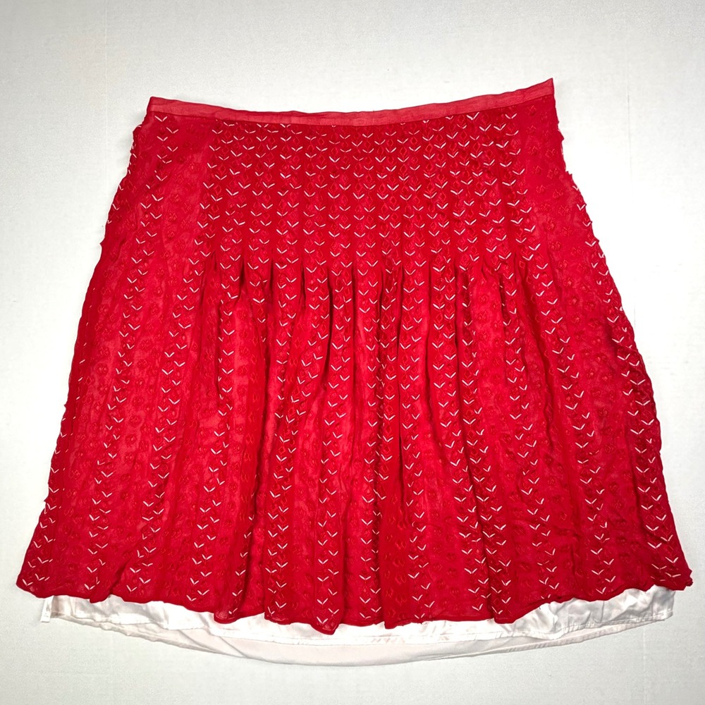 Talbots Woman Red Pure Silk Embroidered Pleated Skirt 20W Plus Size Coquette EUC